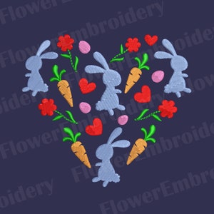 May include: A blue heart-shaped design with embroidered bunnies, carrots, flowers, hearts, and eggs. The design is perfect for Easter crafts and decorations.