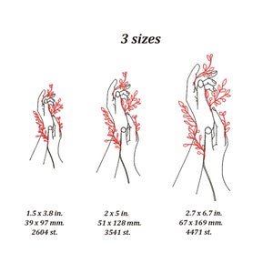 May include: Three sizes of an embroidery design featuring two hands holding a sprig of red leaves. The design is available in 1.5 x 3.8 inches (39 x 97 mm), 2 x 5 inches (51 x 128 mm), and 2.7 x 6.7 inches (67 x 169 mm).
