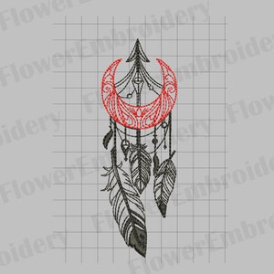 May include: An embroidered dreamcatcher design featuring a red crescent moon and black feathers. The design includes intricate details and is set against a grid background. The dreamcatcher is a symbol of protection and good fortune.