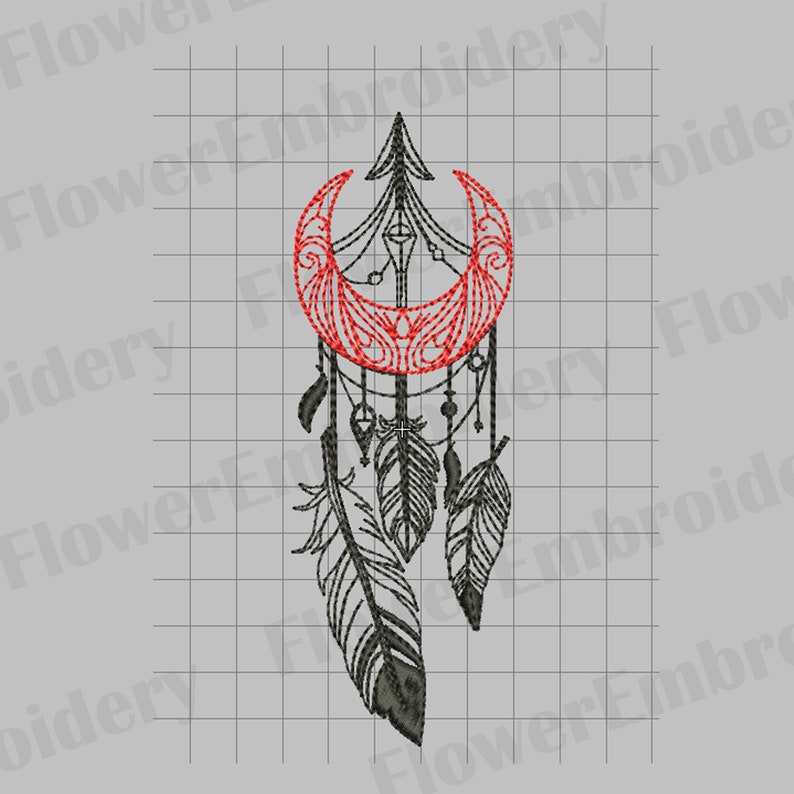 May include: An embroidered dreamcatcher design featuring a red crescent moon and black feathers. The design includes intricate details and is set against a grid background. The dreamcatcher is a symbol of protection and good fortune.