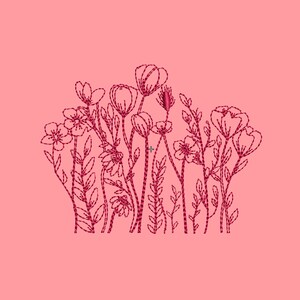 Pode incluir: Um fundo rosa com um desenho de linha de um buquê de flores cor-de-rosa. As flores são estilizadas e têm um design simples e elegante.