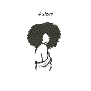 May include: Black and white line art illustration of a woman with an afro hairstyle. The woman is wearing a simple dress and is looking to the side. The image is in a minimalist style and is perfect for embroidery.