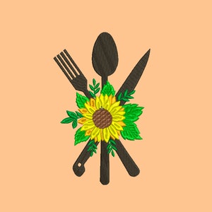 Kitchen machine embroidery design Sunflower embroidery Kitchen tools PES embroidery Cutlery embroidery Fork Knife Spoon embroidery design