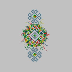May include: A colorful geometric design with a central square surrounded by a ring of smaller squares. The design is made up of blue, green, red, and yellow threads.