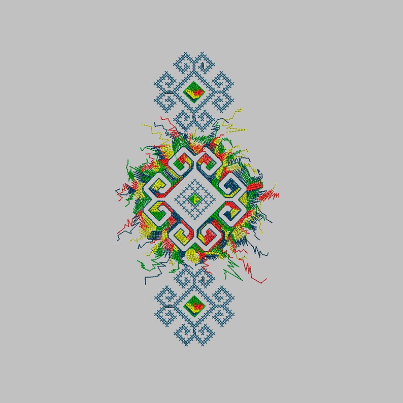 May include: A colorful geometric design with a central square surrounded by a ring of smaller squares. The design is made up of blue, green, red, and yellow threads.