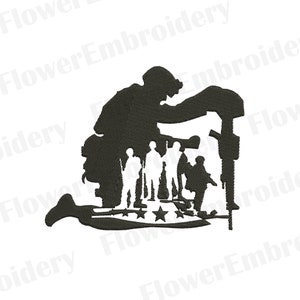 May include: A black silhouette of a soldier kneeling with a rifle, holding a flag with stars. Behind the soldier are five other silhouettes of soldiers standing in a line.