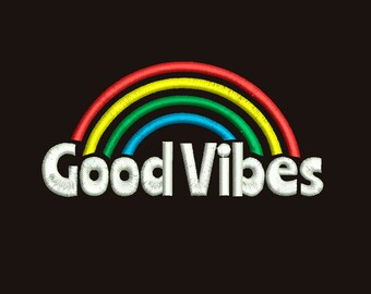 May include: A rainbow-colored arch with the text "Good Vibes" in white letters on a black background.