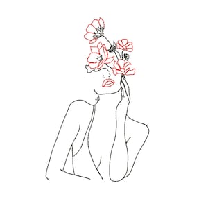 May include: Line art drawing of a person with flowers covering their eyes. The flowers are red and the person's lips are red.