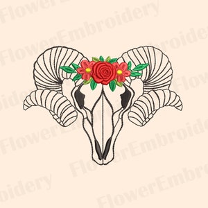 May include: A black and white line drawing of a ram skull with a floral crown. The crown is made of red roses and green leaves.