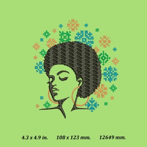 Puede incluir: Una ilustraci&oacute;n en blanco y negro de una mujer con un peinado afro y grandes pendientes de aro. El fondo es de color verde claro con un patr&oacute;n de formas geom&eacute;tricas de colores.