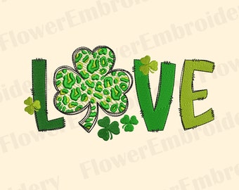 May include: Green shamrock design with the word "LOVE" in a green, stitched font. The shamrock is a green and yellow leopard print.