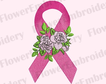 Pink Ribbon Flower Embroidery Design: Breast Cancer Awareness (10 formats)