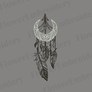 May include: A detailed embroidery design of a dreamcatcher. The design features a crescent moon, an arrow, and three feathers. The embroidery is in white and black thread on a gray background. The text "Flower Embroidery" is in the background.