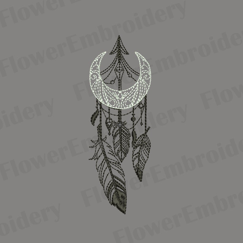 May include: A detailed embroidery design of a dreamcatcher. The design features a crescent moon, an arrow, and three feathers. The embroidery is in white and black thread on a gray background. The text "Flower Embroidery" is in the background.
