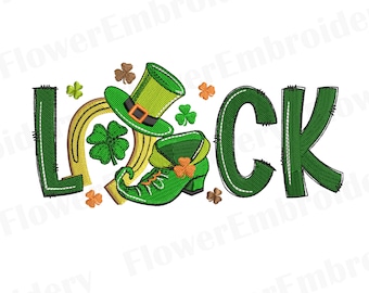 Peut inclure: Broderie de la lettre "LUCK" en vert et or avec un chapeau de lutin, un fer à cheval et une chaussure.