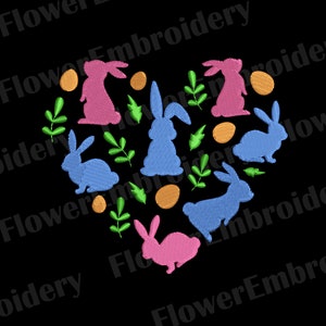 May include: A heart-shaped design featuring pink, blue, and green bunnies, along with orange and green leaves. The bunnies are arranged in a heart shape, with the leaves filling in the spaces between them.
