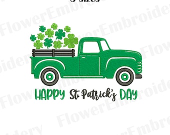 Peut inclure: Illustration d'un camion vert transportant des trèfles, avec le texte "HAPPY St. Patrick's DAY" en dessous. L'image comprend également le texte "3 sizes".