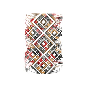 May include: A geometric design featuring a series of diamond shapes in red, black, gold, and gray, outlined in white. The design has a hand-drawn aesthetic with scribbled accents and a textured appearance, set against a white background.
