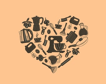 Diseño de bordado de corazón de cocina: Frases culinarias (10 formatos)