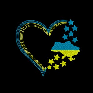 May include: A yellow and blue heart-shaped outline with a yellow and blue outline of the country of Ukraine inside the heart.  There are yellow stars around the outline of the heart.