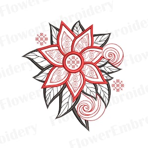May include: Red and black embroidered flower design with intricate details. The flower has a central circle with a cross pattern and is surrounded by swirling patterns. The design is perfect for embroidery projects.