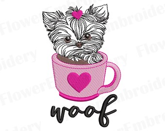 Yorkie Dog Embroidery Design: Puppy in Teacup (PES)