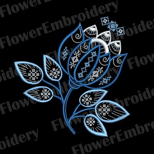 May include: Blue and white embroidered flower design with a stem and leaves. The flower is stylised and has a geometric pattern.
