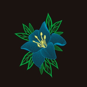 May include: Embroidered blue flower with green leaves on a black background.