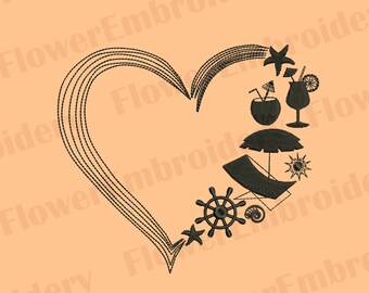 Summer Beach Life Embroidery Design: Heart, Cocktails (Digital Download)