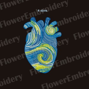 Può includere: Un ricamo a forma di cuore blu con vortici gialli e bianchi, che ricorda il famoso dipinto La Notte Stellata di Vincent van Gogh.