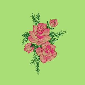May include: Embroidered floral design featuring pink roses and green leaves on a light green background. The roses have a detailed, textured appearance, with varying shades of pink. The leaves and stems are a vibrant green.