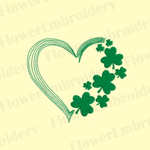 May include: Green shamrock leaves arranged in a heart shape with a green outline. The shamrocks are in various sizes and are clustered together.