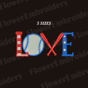 May include: Embroidered design of the word "LOVE" with a baseball, two crossed bats, and red, white, and blue accents. The design is perfect for a baseball fan.