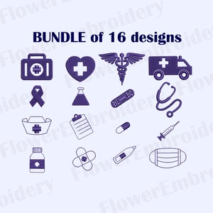 Bundle of 16 medicine embroidery Nurse machine embroidery design Medical embroidery Stethoscope heartbeat embroidery RN embroidery design
