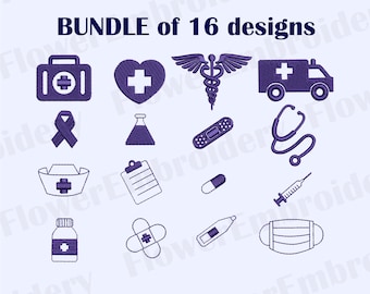 May include: A set of 16 purple embroidered designs featuring medical symbols and objects, including a first aid kit, a heart with a cross, a caduceus, an ambulance, a ribbon, a flask, a bandage, a stethoscope, a nurse's hat, a clipboard, a pill, a syringe, a bottle of pills, a cross, a thermometer, and a face mask.