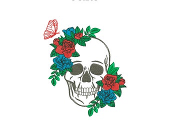 Skull and Flowers Machine Embroidery Design (Digital Download)