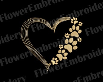 May include: Gold embroidered heart design with paw prints. The paw prints are arranged in a circle around the heart.