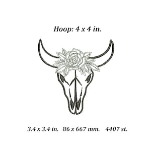 May include: A black and white embroidered design of a bull skull with a floral wreath on top. The design is 3.4 inches by 3.4 inches and is suitable for a 4 inch by 4 inch embroidery hoop.