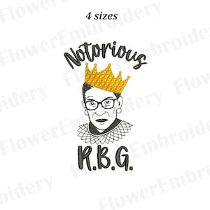 May include: Black and white line art illustration of Ruth Bader Ginsburg wearing a crown and a black robe. The text "Notorious R.B.G." is below the image.