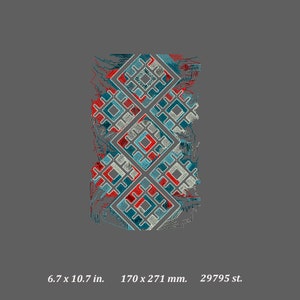 May include: Embroidered design featuring a series of diamond shapes in red, teal, and white, outlined in white thread. The design is 6.7 x 10.7 inches and set against a gray background. The image also includes the measurement in millimeters and the number of stitches.