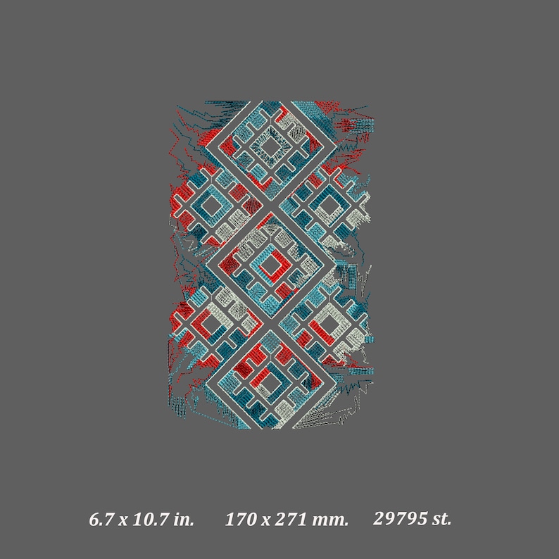 May include: Embroidered design featuring a series of diamond shapes in red, teal, and white, outlined in white thread. The design is 6.7 x 10.7 inches and set against a gray background. The image also includes the measurement in millimeters and the number of stitches.