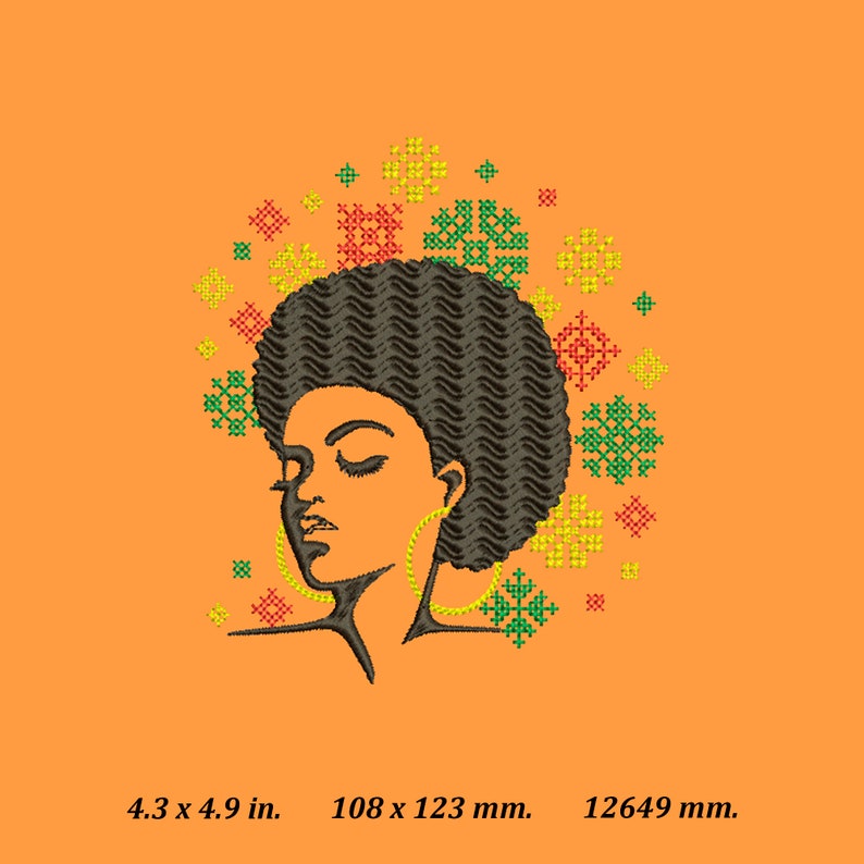 Puede incluir: Una ilustraci&oacute;n digital de una mujer con un peinado afro y grandes pendientes de aro. El fondo est&aacute; lleno de formas geom&eacute;tricas de colores.
