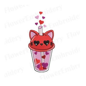Valentine Cat Latte Embroidery Design: Kawaii Coffee Hearts (Digital Download)