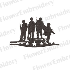May include: A dark gray embroidered design featuring four soldiers standing on a banner with white stars. The soldiers are holding rifles and wearing military uniforms. The design is on a white background.