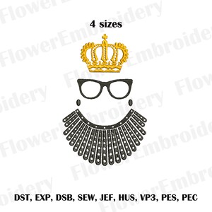 May include: A black and white embroidery design of a judge's collar, glasses, and a gold crown. The design is available in four sizes and in the following formats: DST, EXP, DSB, SEW, JEF, HUS, VP3, PES, PEC.