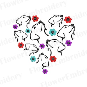 May include: A black and white line drawing of a heart shape made up of dog heads. The dog heads are all facing upwards and have their tongues out. There are colorful flowers around the dog heads.