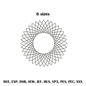 Pode incluir: Um desenho geométrico preto e branco com uma forma circular no centro. O desenho é rotulado como "6 tamanhos" e "DST, EXP, DSB, SEW, JEF, HUS, VP3, PES, PEC, XXX".
