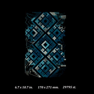 May include: A geometric design in shades of teal and white, featuring a series of diamond shapes. The design is 6.7 x 10.7 inches and is set against a black background. The image also includes the text "29795 st."