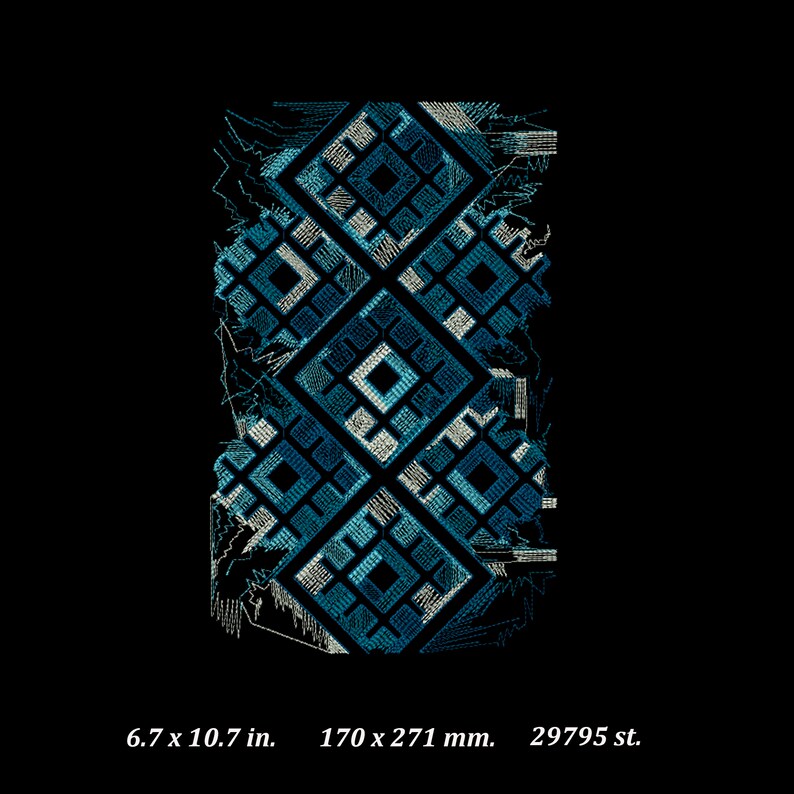 May include: A geometric design in shades of teal and white, featuring a series of diamond shapes. The design is 6.7 x 10.7 inches and is set against a black background. The image also includes the text "29795 st."