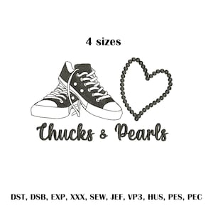 May include: Black and white embroidery design of a pair of sneakers and a heart made of pearls with the text "Chucks & Pearls".